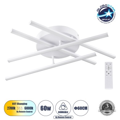 GLOBOSTAR® DRACO 61096 Μοντέρνο Φωτιστικό Οροφής LED 60W 7380lm 120° AC 220-240V IP20 Ρυθμιζόμενο Λευκό CCT με Χειριστήριο από 2700K έως 6000K Dimmable - Lumileds SMD Chip - Λευκό Ματ - Μ60 x Π60 x Υ11cm - 3 Χρόνια Εγγύηση